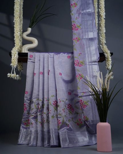 Mangalagiri Silk Saree with Thread Work and Silver Zari Border- Lavender