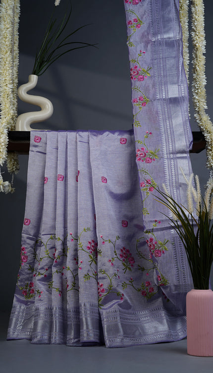 Mangalagiri Silk Saree with Thread Work and Silver Zari Border- Lavender