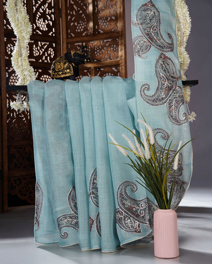 Tissue linen saree with Mango Butties And Dori work With Lace border - Sky Blue