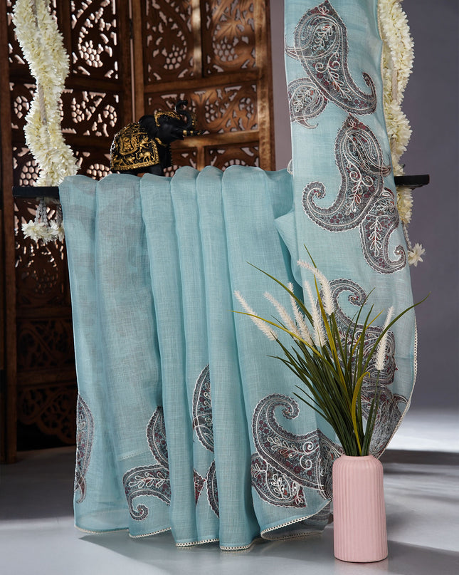 Tissue linen saree with Mango Butties And Dori work With Lace border - Sky Blue