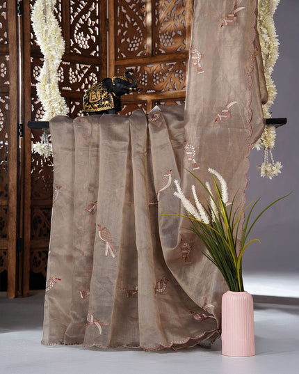 Linen saree with thread work motifs and scallop border - Beige