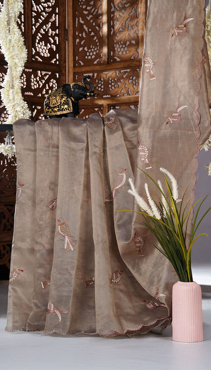 Linen saree with thread work motifs and scallop border - Beige