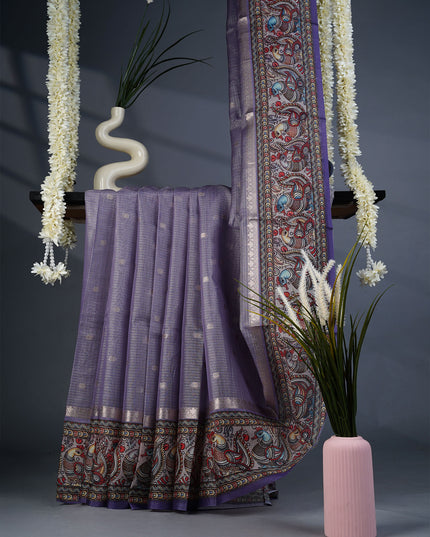 Tissue Kota Silk with Gold Butties and Contrast Floral Print Border- Lavender
