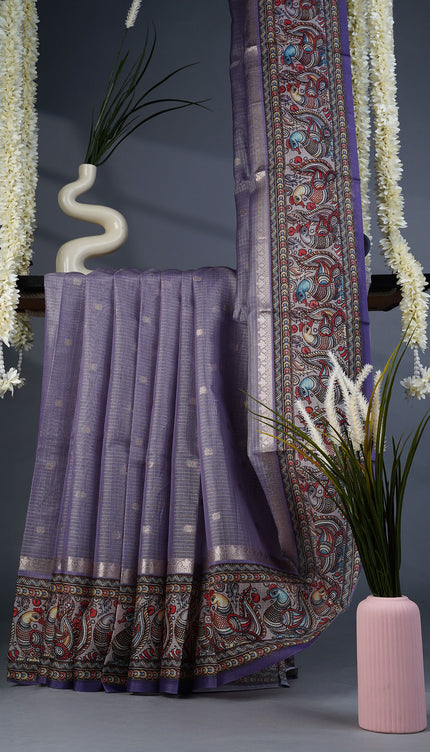 Tissue Kota Silk with Gold Butties and Contrast Floral Print Border- Lavender
