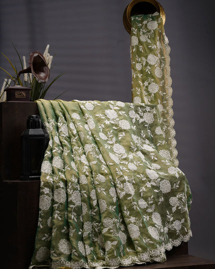 Tissue Georgette All Over Chicken Kari Work with Scallop Border - Sea Green