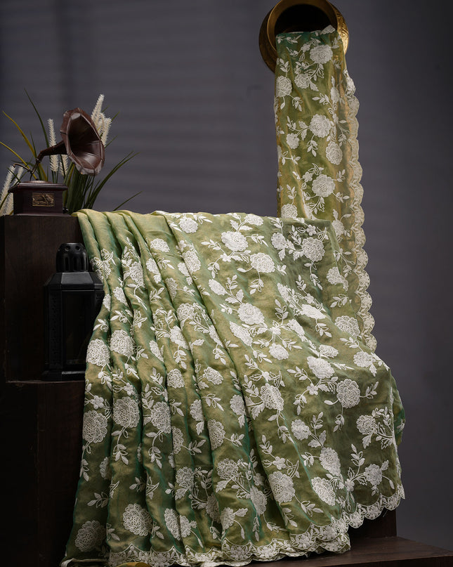 Tissue Georgette All Over Chicken Kari Work with Scallop Border - Sea Green