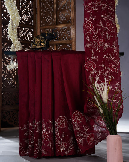 Tusser silk saree with applique and pitta work with scallop border - Maroon
