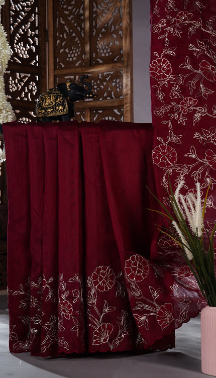 Tusser silk saree with applique and pitta work with scallop border - Maroon