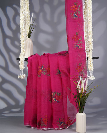 Kota Saree with Thread Work Butties Silver Zari Border- Pink