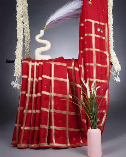 Chinon Saree With Gold Zari Checks And Mirror Work - Red