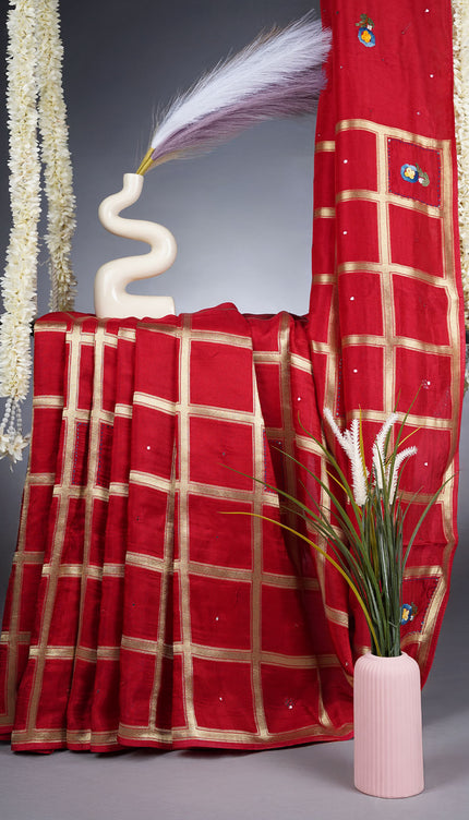 Chinon Saree With Gold Zari Checks And Mirror Work - Red