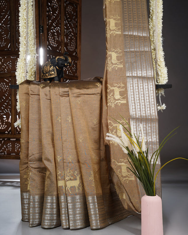 Mangalagiri Silk Saree with thread Work With Zari Border - Olive Green