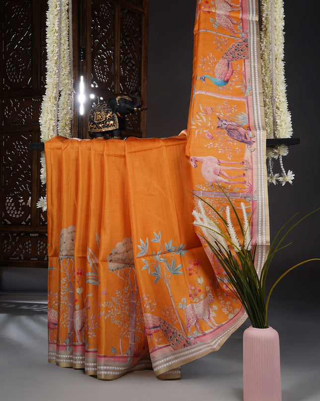 Tusser Silk Saree With Digital Floral Print - M Yellow