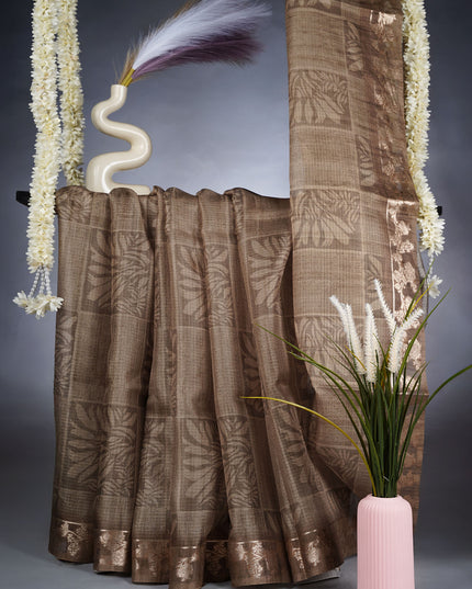 Kota Silk Saree With Floral Print and Gold Zari Border - M Green