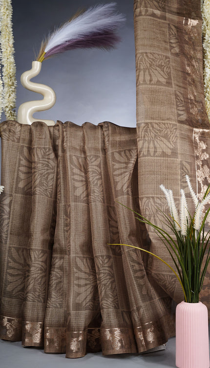 Kota Silk Saree With Floral Print and Gold Zari Border - M Green