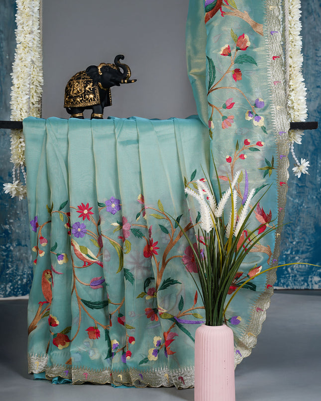 Soft tissue organza saree with thread Embroidered work and scallop muniya border - Sea Green