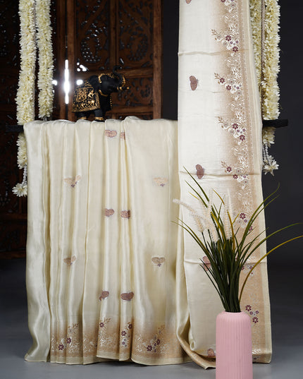 Banaras Silk Saree with Meenakari Butties and Golden Zari Border- Half White