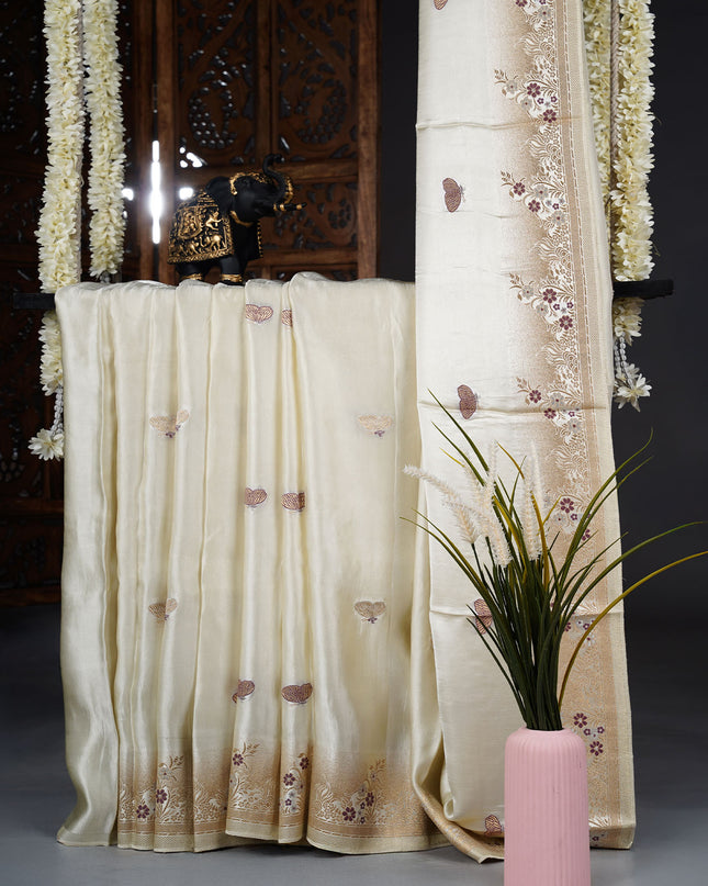 Banaras Silk Saree with Meenakari Butties and Golden Zari Border- Half White