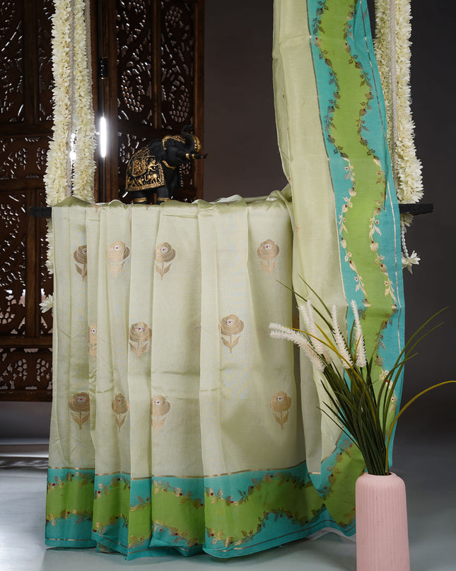 Katan tusser banaras saree dual floral design border  - P Green