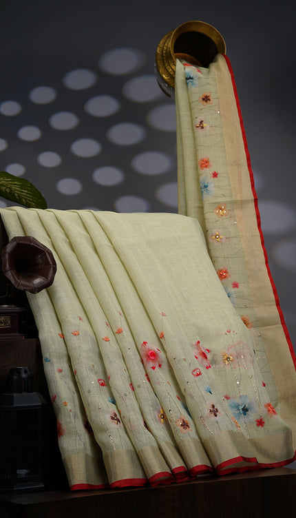Linen Tissue Saree With Floral Print & Knot Work - Pista Green