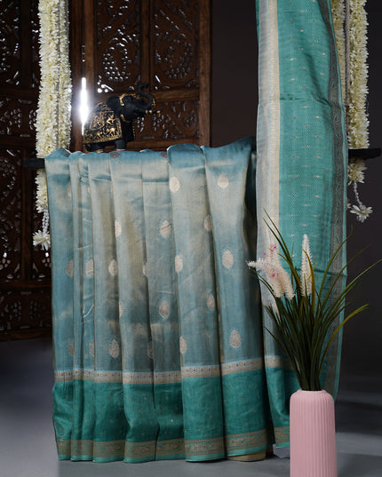Tissue Banaras Golden Butties With Contrast Border - Sea Green