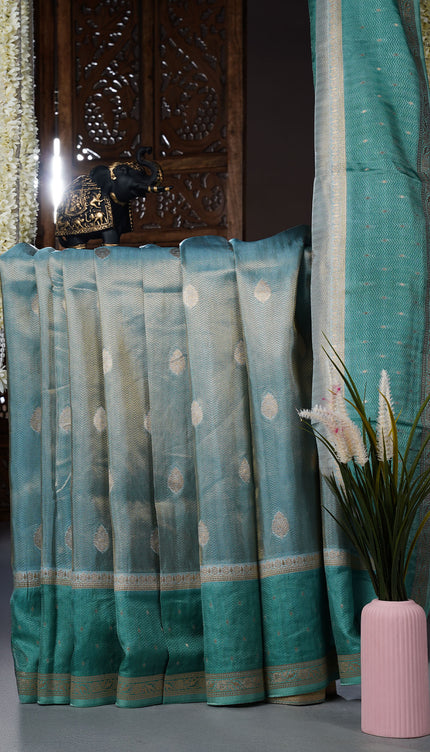 Tissue Banaras Golden Butties With Contrast Border - Sea Green