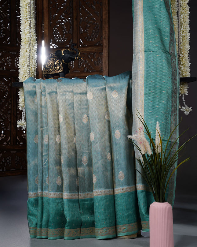 Tissue Banaras Golden Butties With Contrast Border - Sea Green