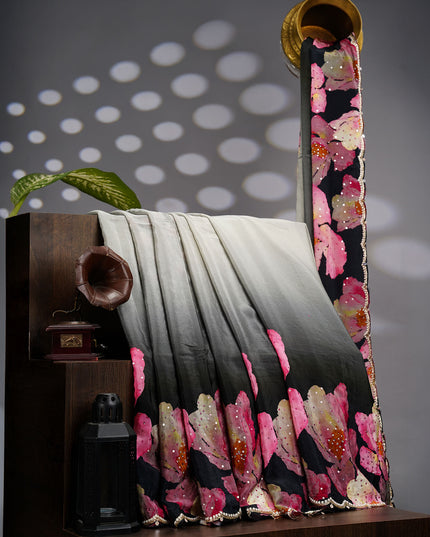 Crepe Saree With Floral Print Scallop Border Kardana Sequence Work - Greyish Black