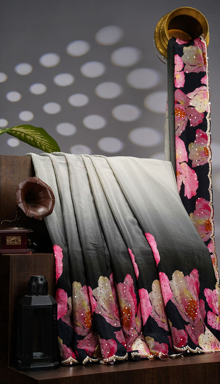 Crepe Saree With Floral Print Scallop Border Kardana Sequence Work - Greyish Black