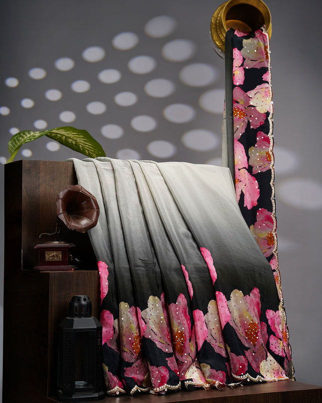 Crepe Saree With Floral Print Scallop Border Kardana Sequence Work - Greyish Black