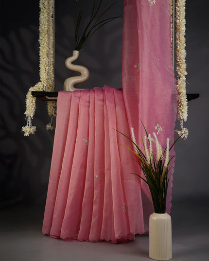 Hand Embroidery Tissue Lenin Saree with a Scalloped Border and Floral Motifs - Pink