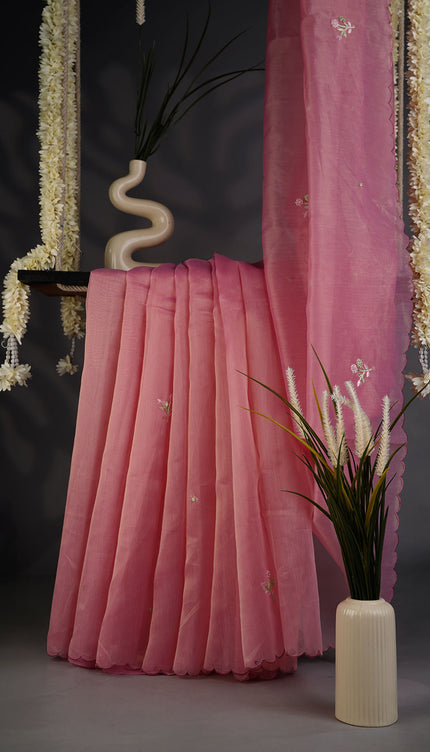 Hand Embroidery Tissue Lenin Saree with a Scalloped Border and Floral Motifs - Pink
