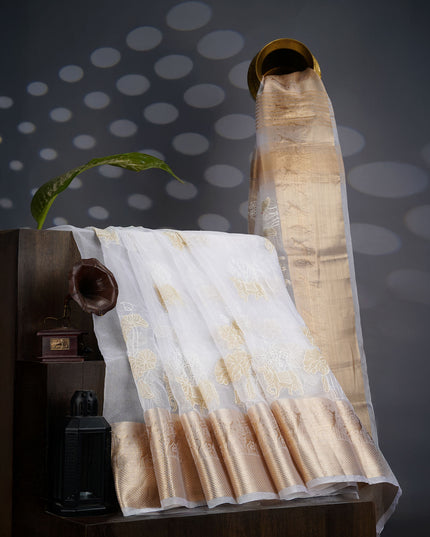 Kora Organza Saree with Thread Embroidery Work- White