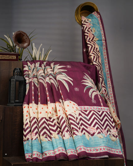 Tusser Silk Allover Mirror With Ari Work - Purple