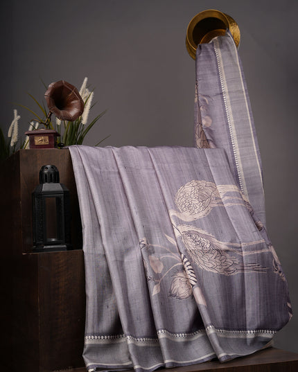 Tissue Silk With Digital Print & Thread Border - Grey