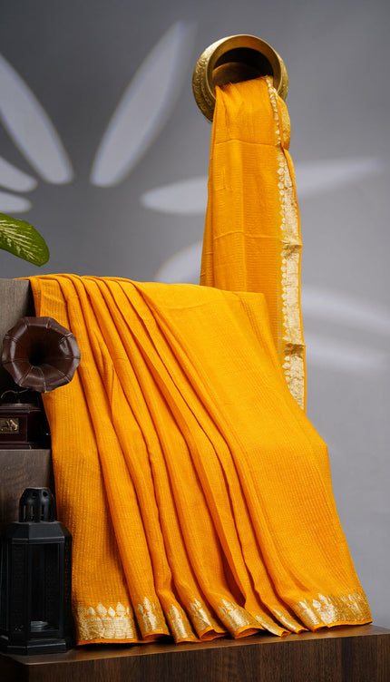 Korean Crepe Saree with Golden Zari Border- Mustard