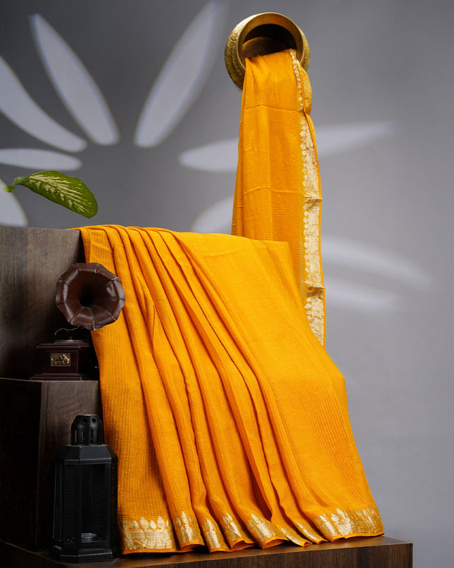 Korean Crepe Saree with Golden Zari Border- Mustard
