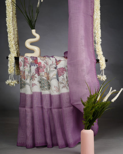 Linen Silk Saree with Floral Print and Contrast Border - Lavender