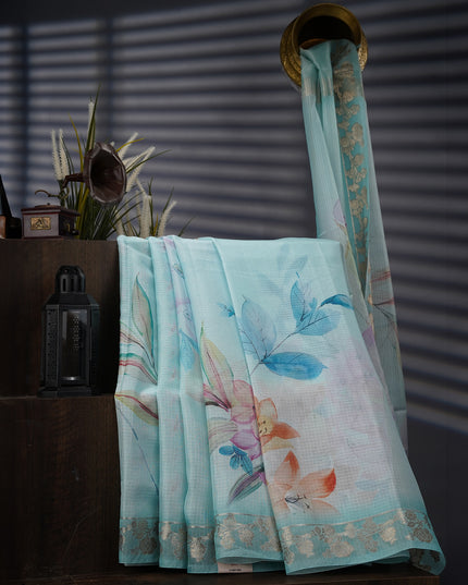 Silk Kota Floral Print with Banaras Border- Sky Blue