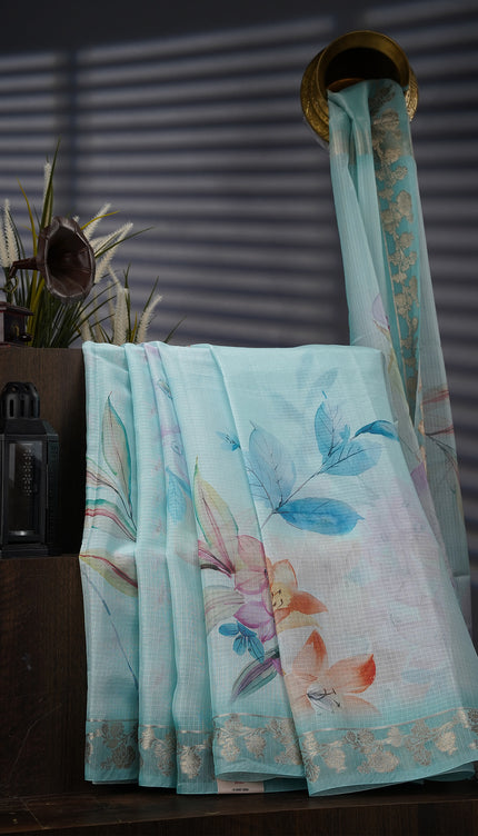 Silk Kota Floral Print with Banaras Border- Sky Blue