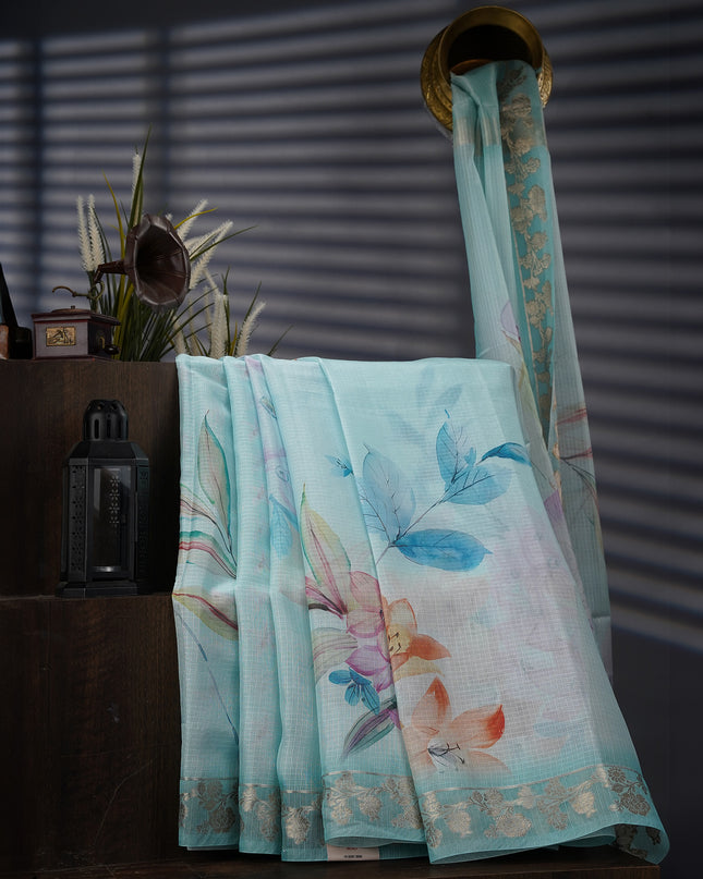 Silk Kota Floral Print with Banaras Border- Sky Blue