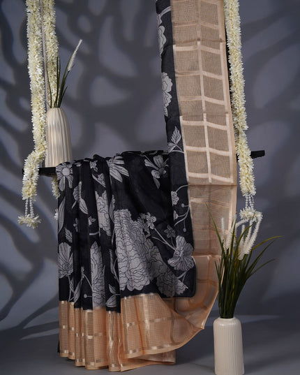 Kota Silk Saree with Floral Print and Contrast Border- Black and Gold