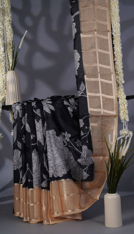 Kota Silk Saree with Floral Print and Contrast Border- Black and Gold