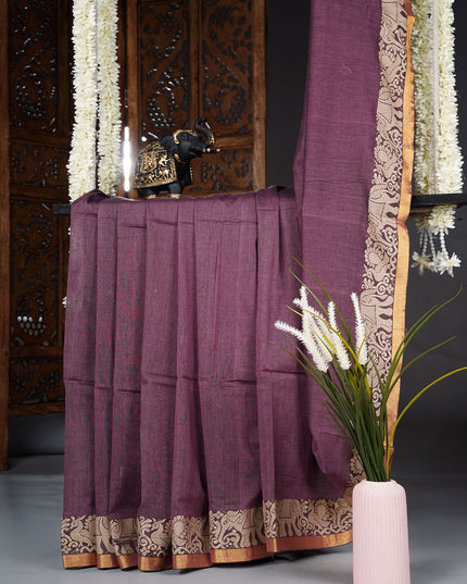 Handloom Cotton Saree with Thread Weaving Border- Onion Pink