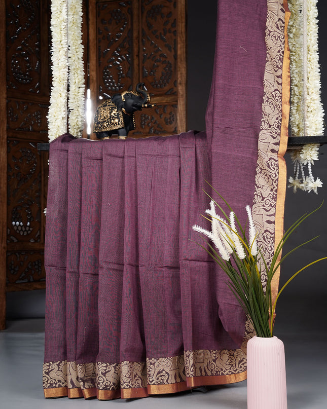 Handloom Cotton Saree with Thread Weaving Border- Onion Pink