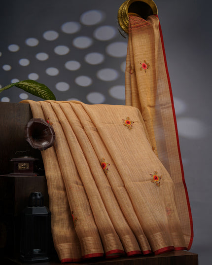 Tissue Linen Saree With Kantha Work & Contrast Border - Menthi Green