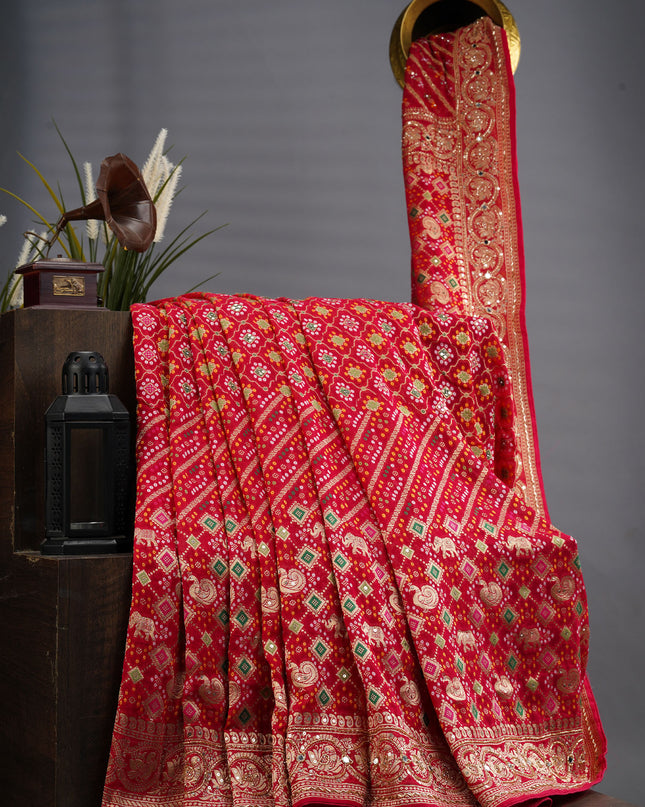 Kaddi Georgette With Banaras Border Kardhana Hand Work - Pink