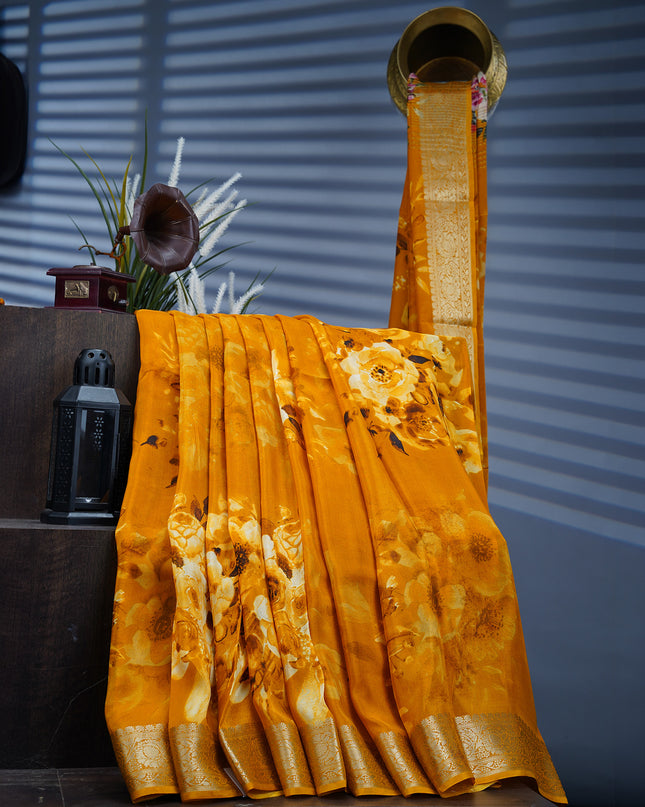 Binny Crepe Floral Print with Golden Zari Border- Mustard Yellow
