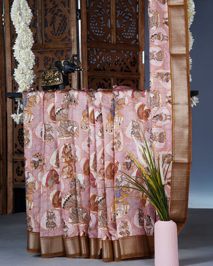 muslin silk saree with Kalamkari print and golden zari border - Rust Brown