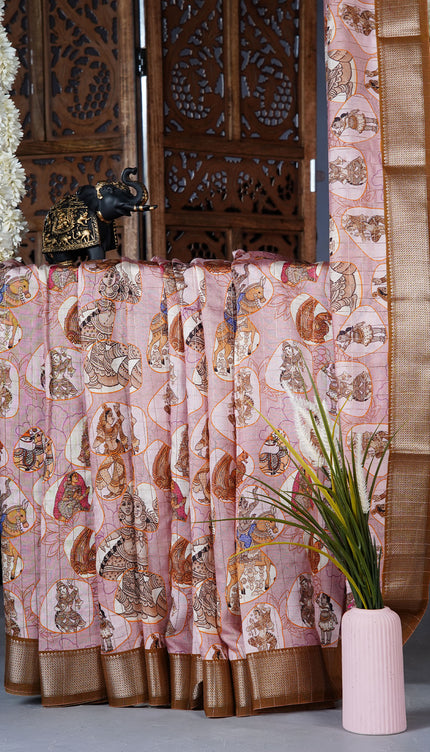 muslin silk saree with Kalamkari print and golden zari border - Rust Brown